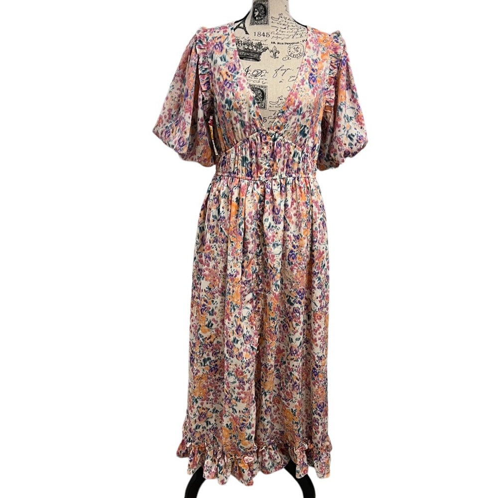 Pinch women Large Dress Amelia Floral Midi Puff Sleeve Ruffles cream pink spring